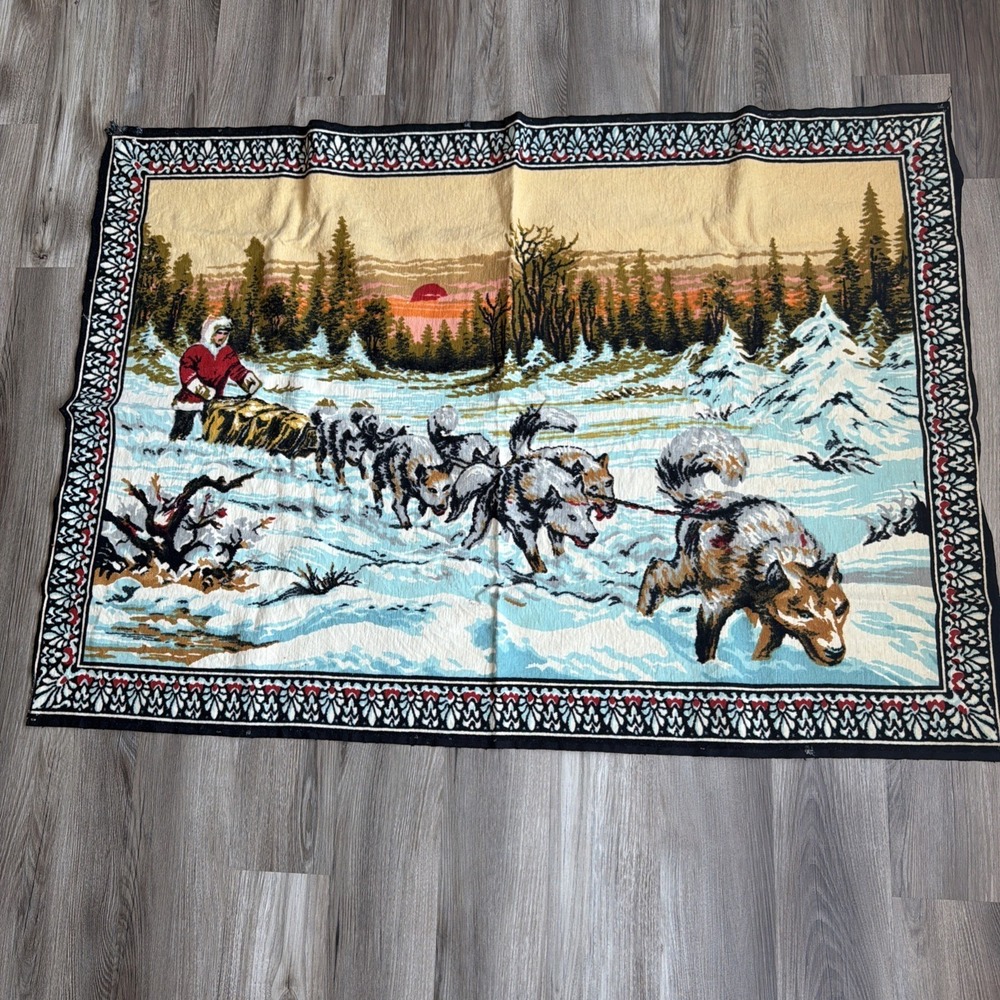 Vintage Mushing SLED DOGS Tapestry Rug Wall Hanger Made In ITALY 54" x 40"